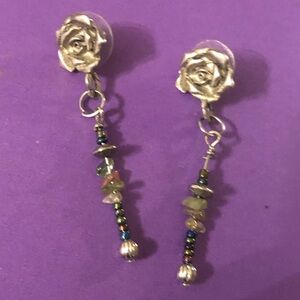 Silver Rose Drop Earrings with Multicolor stones and Bead Accents